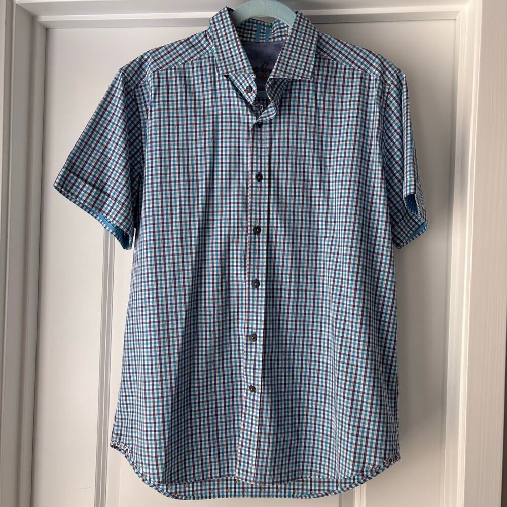 Robert Graham Blue / Purple Striped Button Down Polo Short Sleeve Size L NWOT